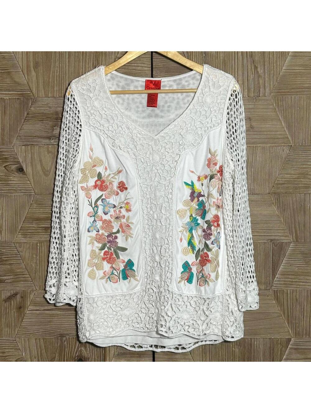 Cristina V Womens White Embroidered Crochet Top Size XL Bohemian Floral Blouse